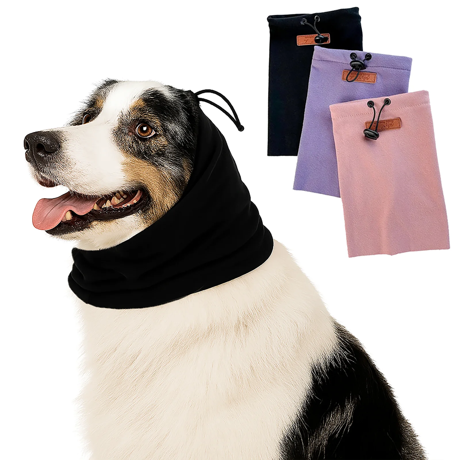 Dog wearing a black fleece snood neck warmer with three additional colors displayed