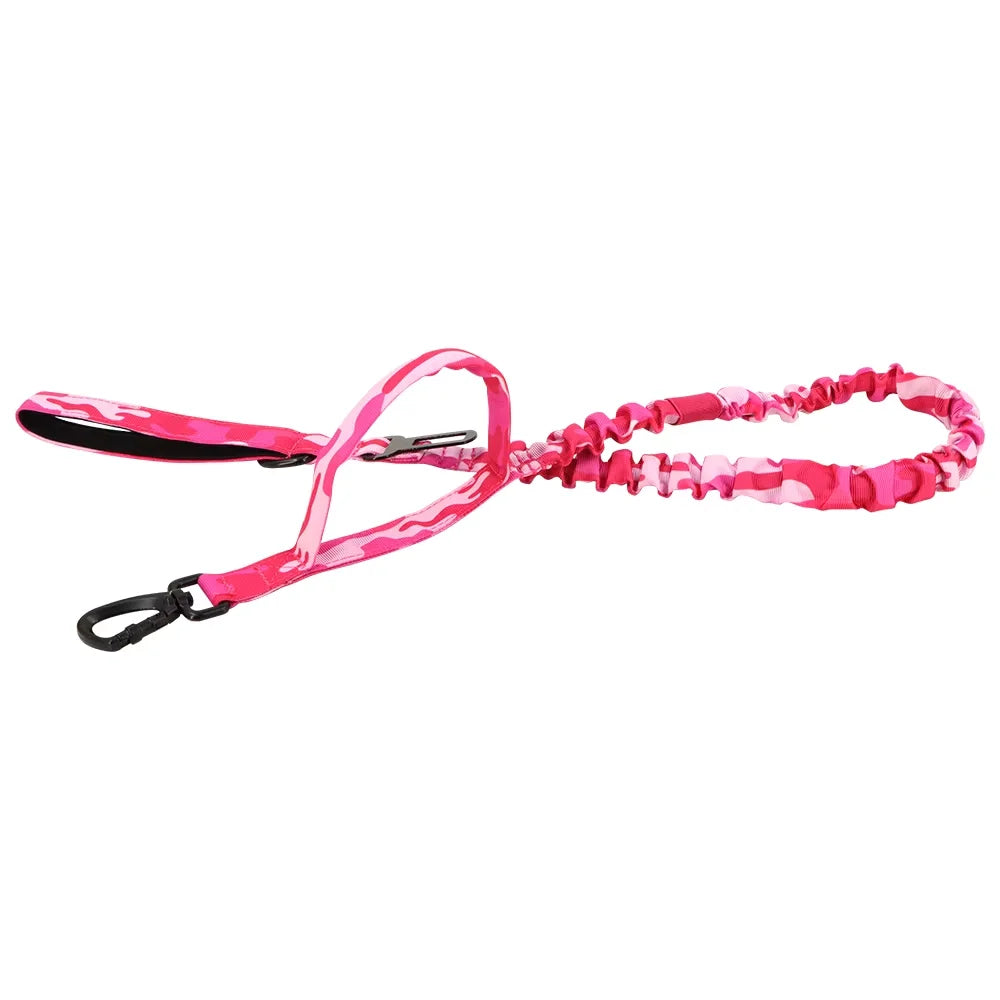 Pink adjustable military dog leash with quick release clip, 2 control handles, elastic rope, nylon tactical leash for small and medium dogs