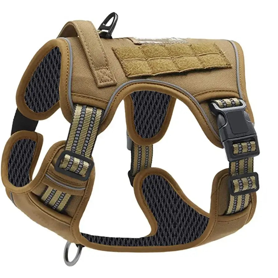 Military tactical dog harness in dark khaki, reflective straps, durable no pull vest with control handle for large dogs