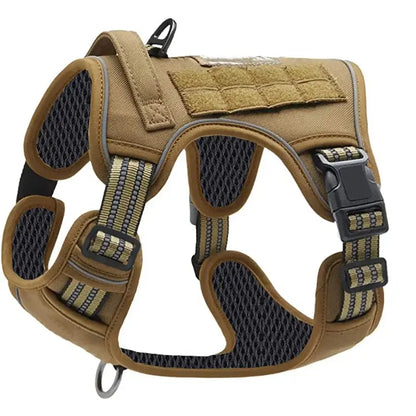 Military tactical dog harness in dark khaki, reflective straps, durable no pull vest with control handle for large dogs