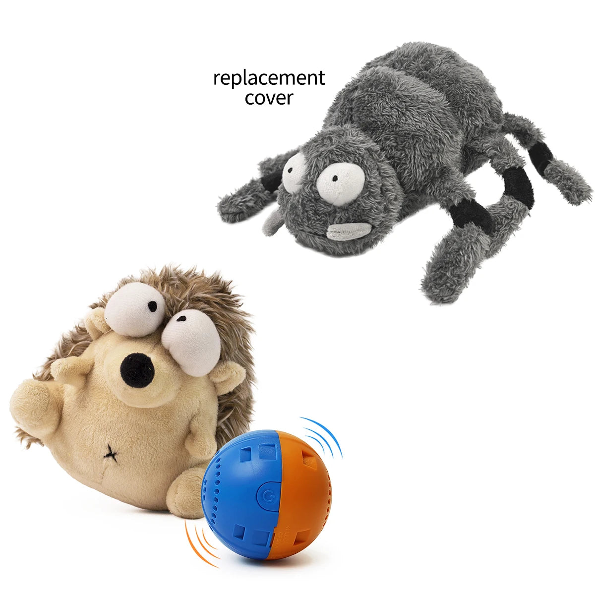 Plush spider and hedgehog dog toys with a blue and orange interactive ball