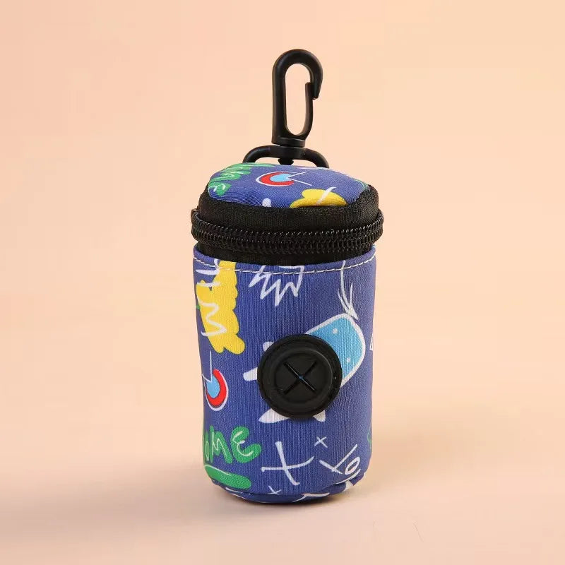Blue dog poop bag dispenser pouch with colorful patterns and black clip