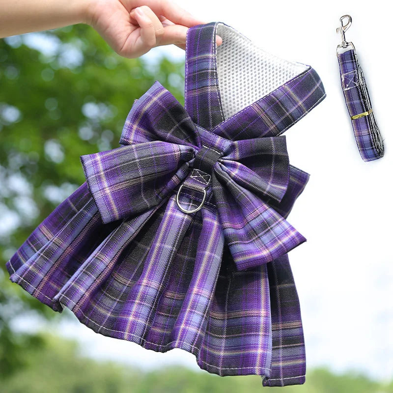 Purple plaid pet dress with leash for small dogs and cats, fashion nylon JK dress set with leash