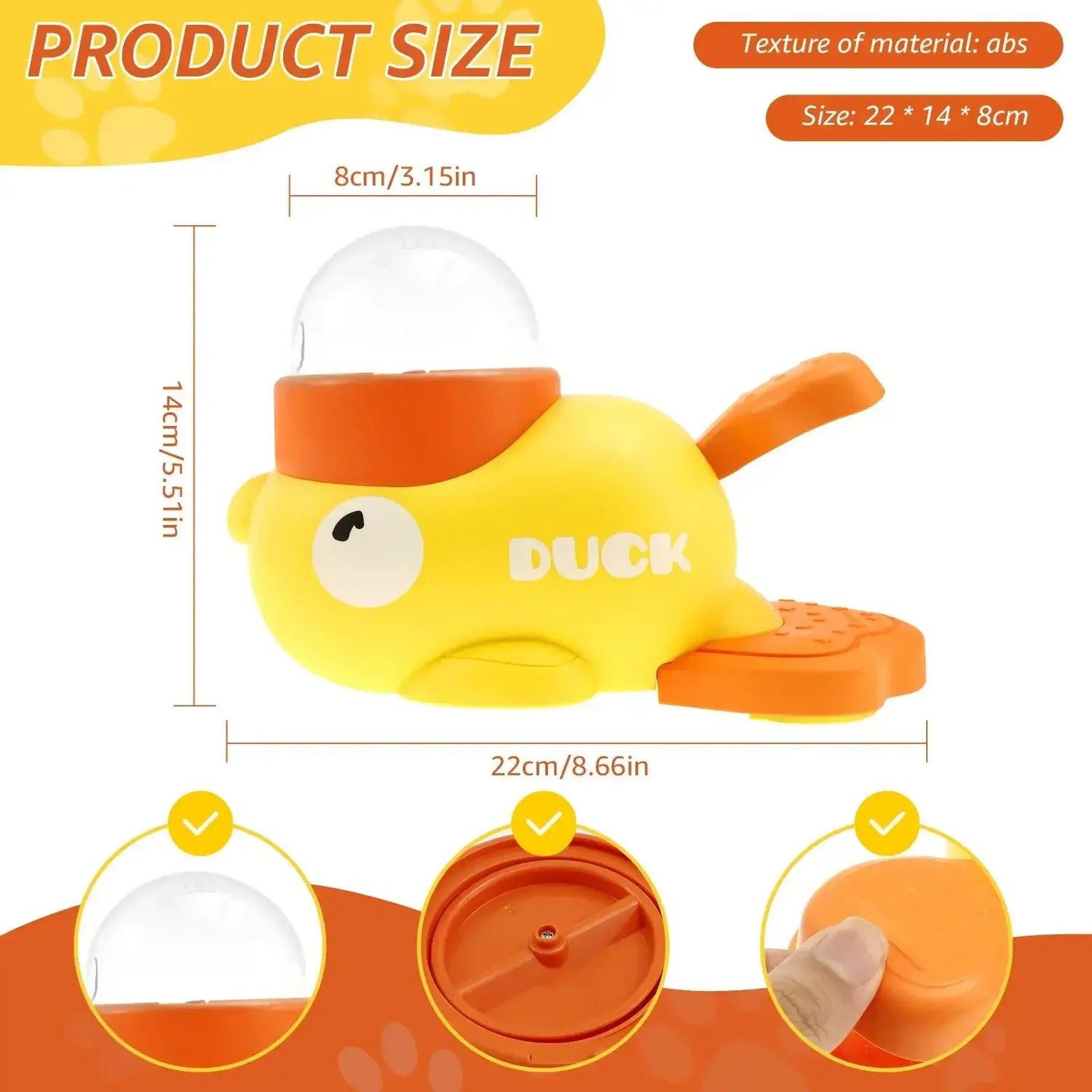 interactive slow feeder dog toy yellow duck ABS food dispenser, 22 x 14 x 8 cm