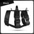 Black adjustable dog harness with sturdy buckles and metal rings, displayed on white background