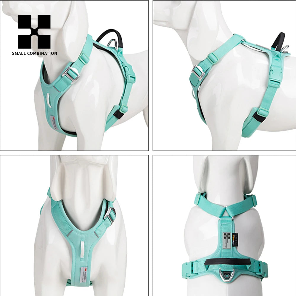 reflective no pull dog harness set for large dogs, adjustable aqua chest vest with leash attachment and quick-release buckles