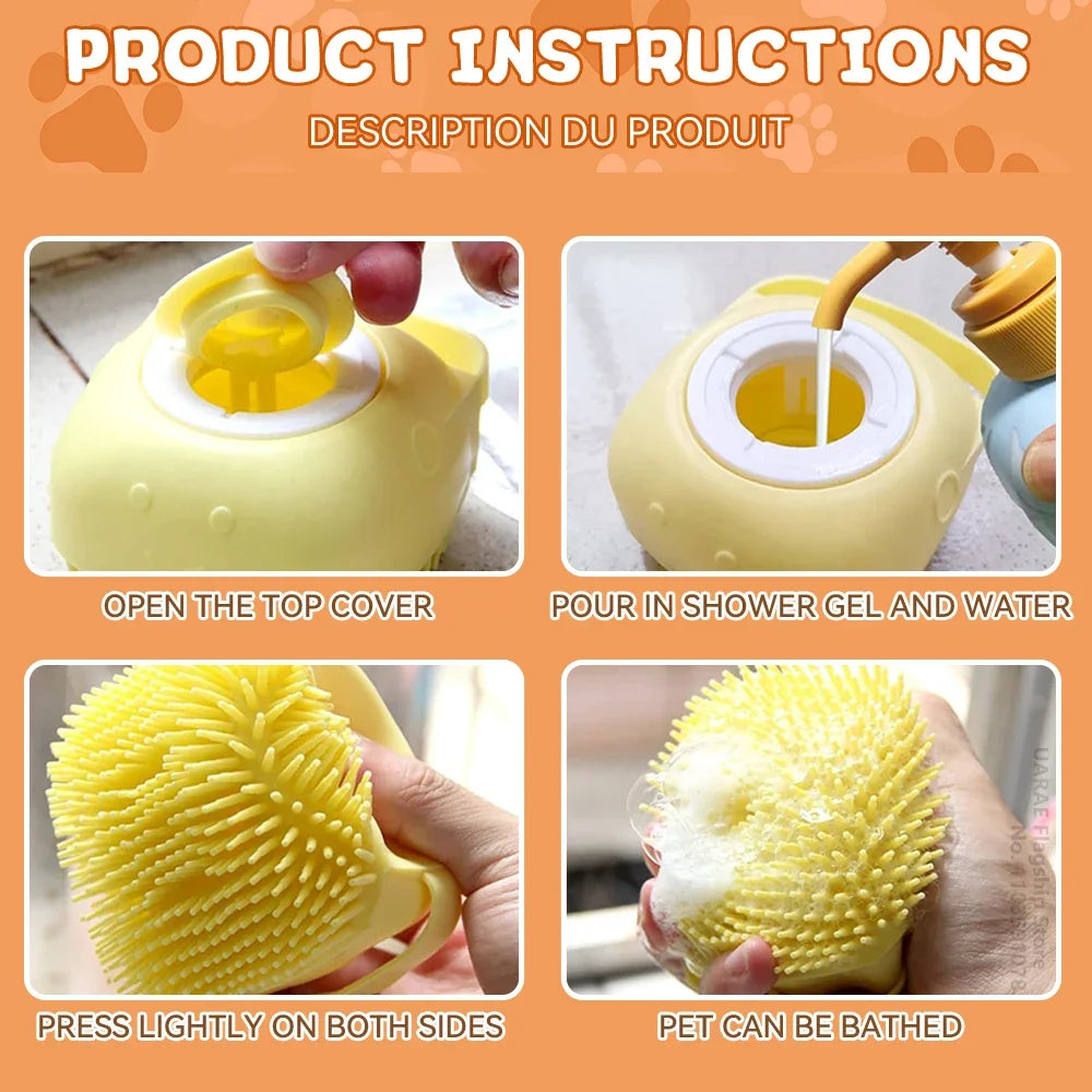 dog bathing brush with shampoo dispenser for pets, rubber bristle massage grooming tool, open top cover and pour gel