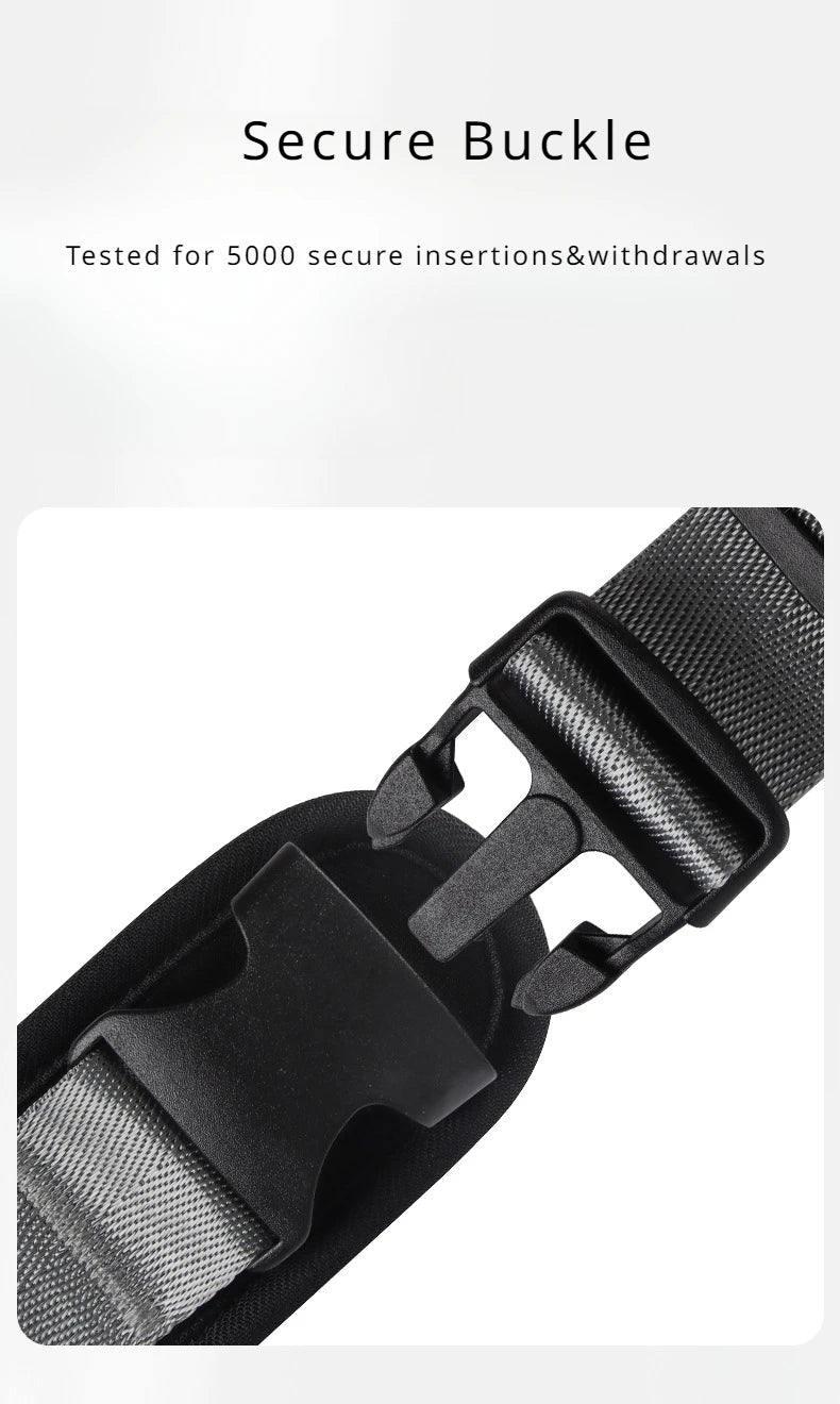 Heavy-duty dog harness buckle with durable nylon strap, designed for secure pet safety.