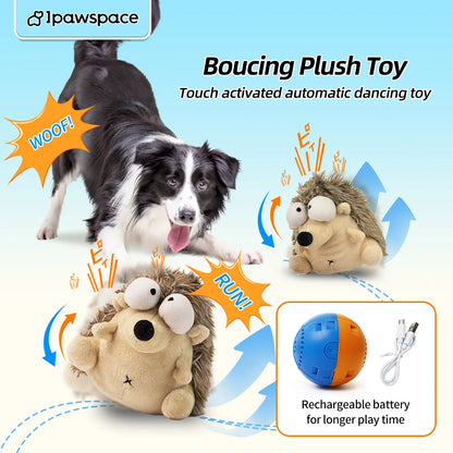 Dog playing with touch-activated bouncing hedgehog plush toy and rechargeable ball.