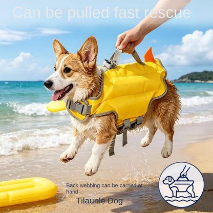 Adjustable dog life jacket yellow buoyant rescue vest for small and medium dogs at the beach