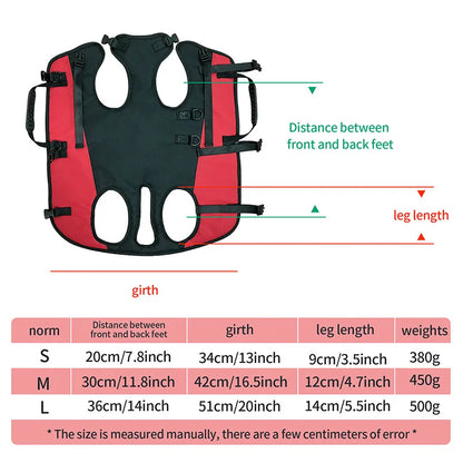 Dog backpack carrier for hiking and biking size chart with adjustable straps, belly support, and fit measurements for medium breeds