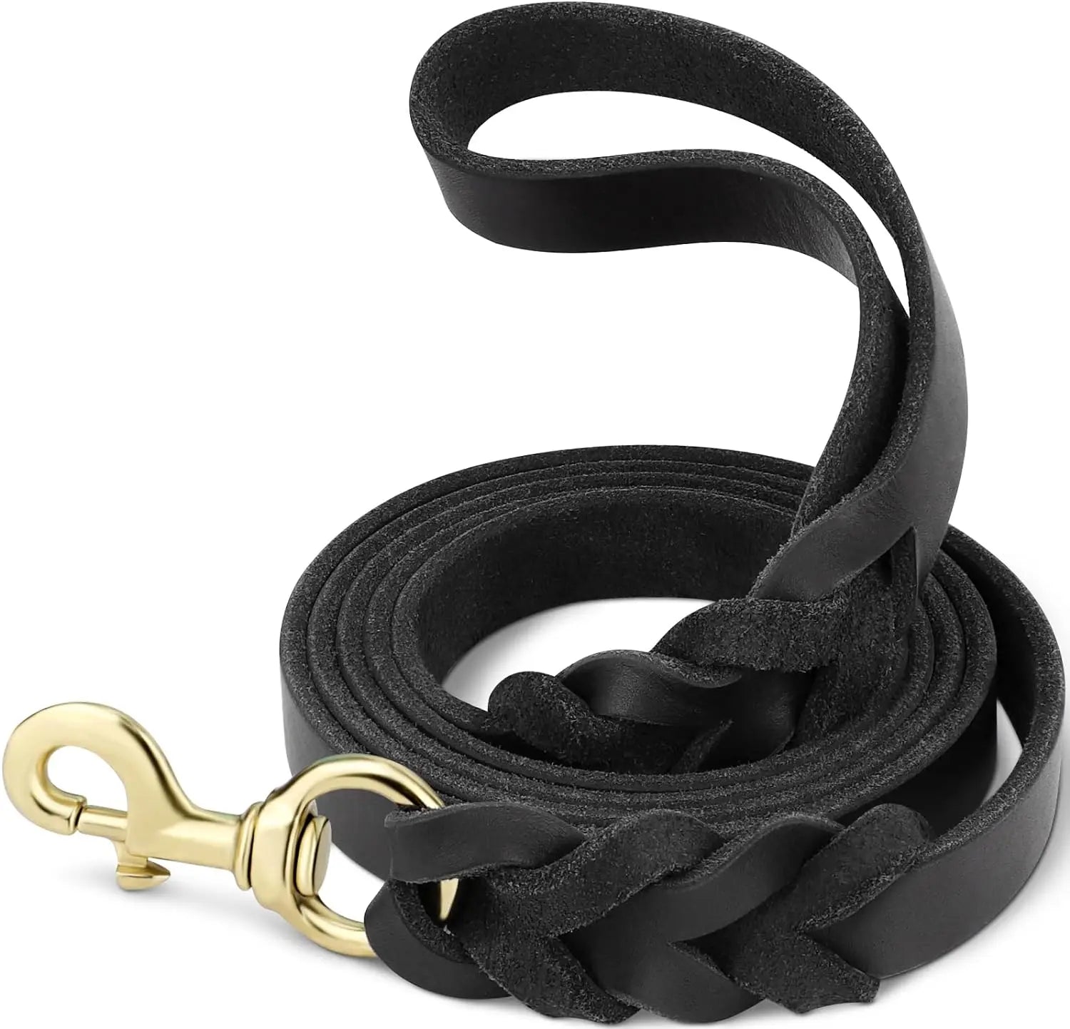 Black heavy duty leather dog leash with braided design, gold quick release clip, padded genuine leather for large and small dogs