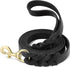 Black heavy duty leather dog leash with braided design, gold quick release clip, padded genuine leather for large and small dogs