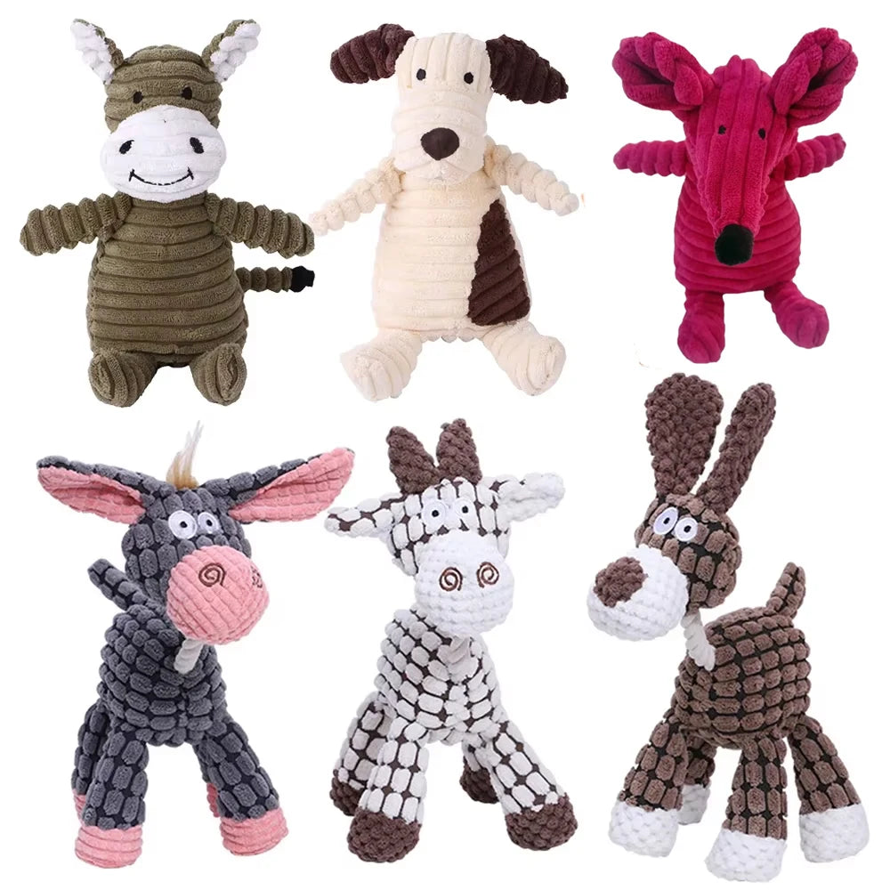 Plush squeaky dog toy set with corduroy animal shapes, bite resistant fleece toys for small and large dogs, training play