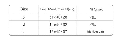 foldable washable cat bed size chart for S M L, showing dimensions and pet weight fits for cats and small dogs