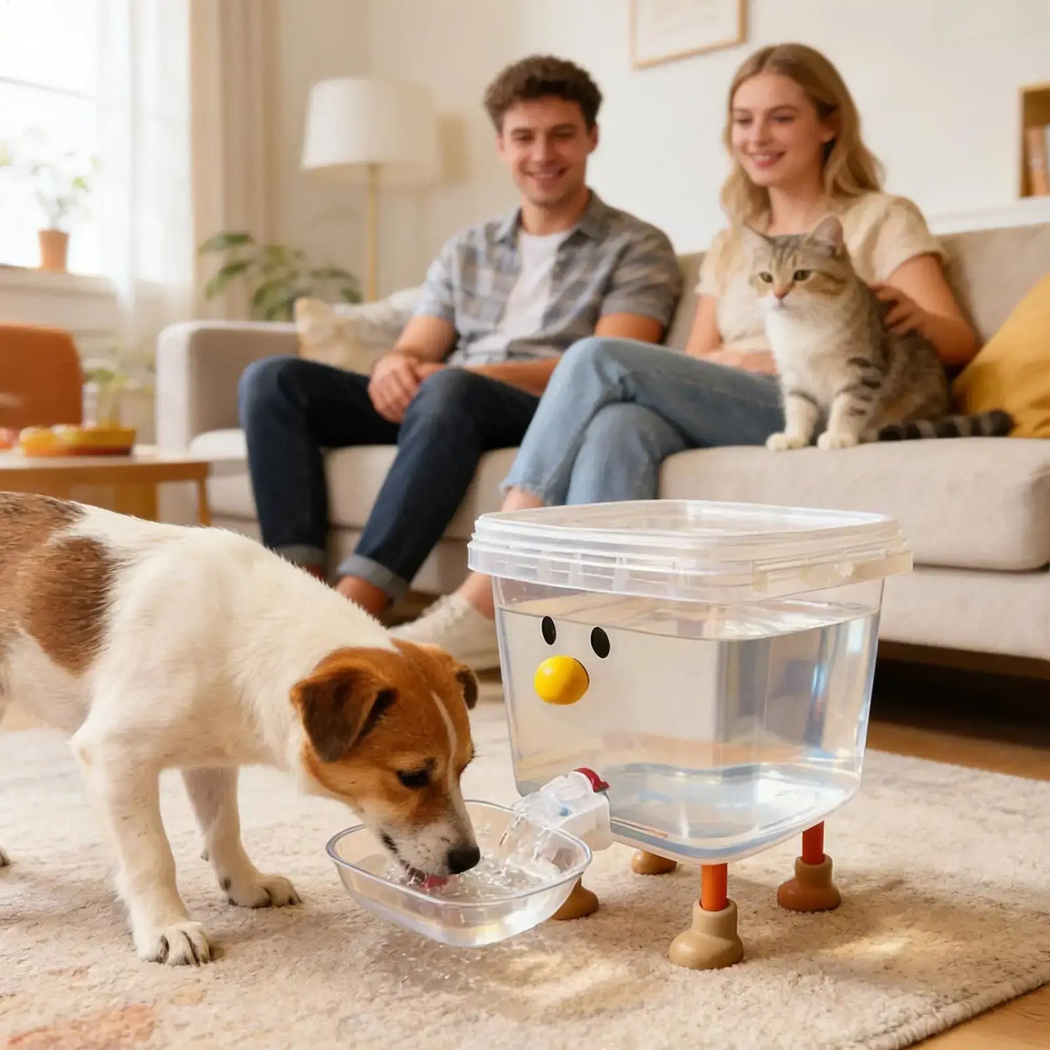 automatic pet water dispenser for dogs and cats in a home living room with cartoon design