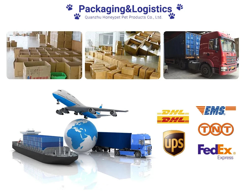 Image showing packaging and logistics services for pet products, featuring boxes, vehicles, and shipping logos.