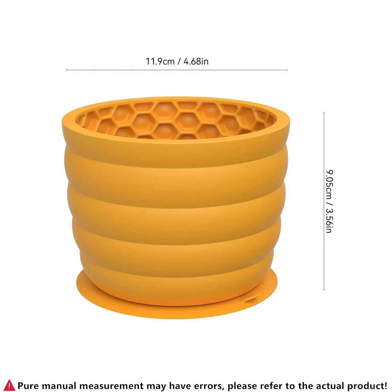 Big yellow silicone slow feeder dog bowl cup with anti-slip base, honeycomb design, 11.9cm x 9.05cm for small to medium dogs