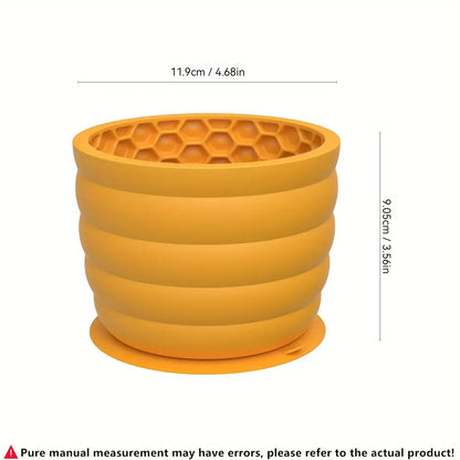 Big yellow silicone slow feeder dog bowl cup with anti-slip base, honeycomb design, 11.9cm x 9.05cm for small to medium dogs