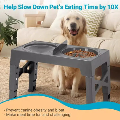 adjustable elevated dog feeder with slow feed bowls for large and medium dogs, helps slow eating and reduce bloat