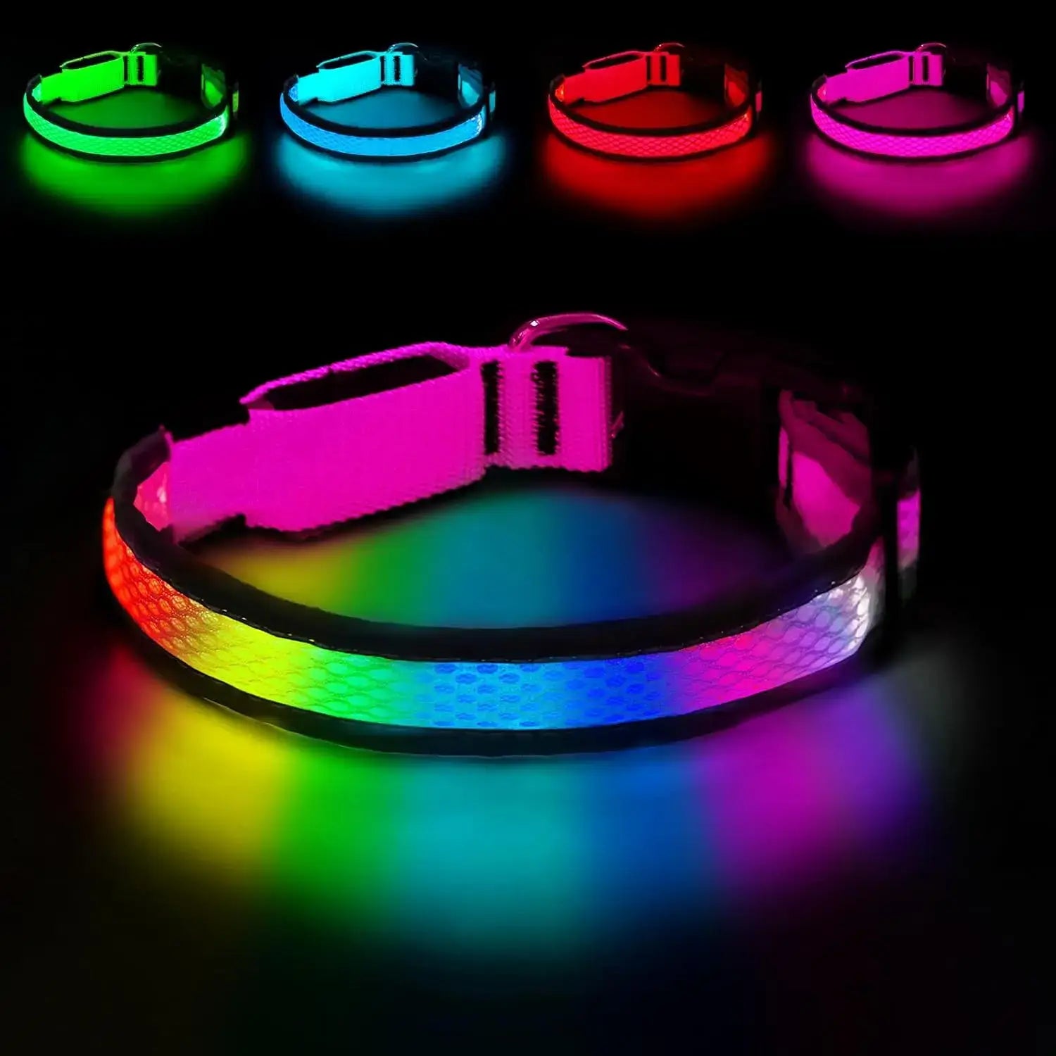 USB rechargeable LED dog collar with 7-color RGB glow, adjustable nylon safety collar for small and medium dogs