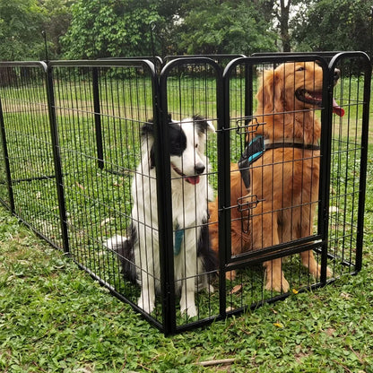 Folding Indoor Outdoor Dog Fences For Durable Metal Dog Houses For Dogs In Outdoor Back Gardens with two dogs sitting inside.