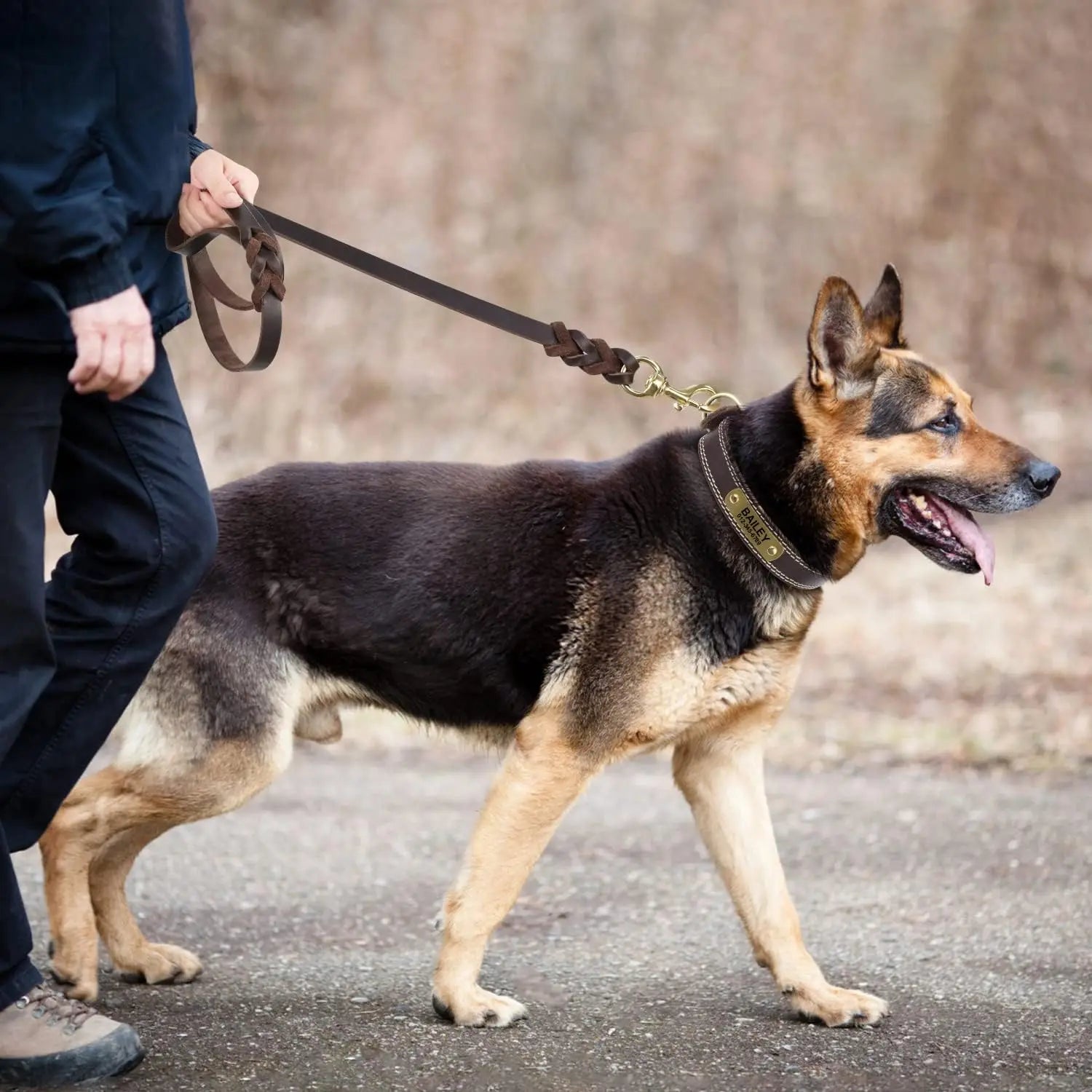 heavy duty leather dog leash for German Shepherd training and walking with a durable brown braided design