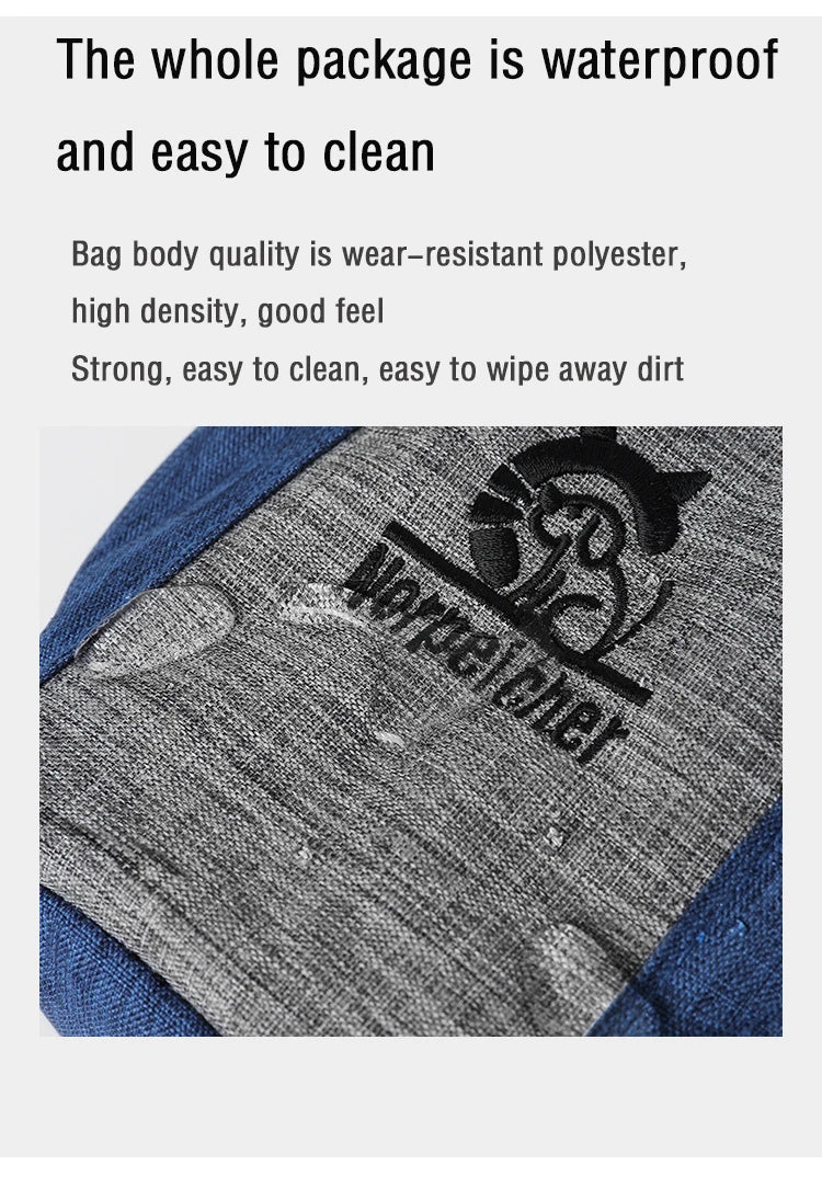 Closeup of waterproof, easy-to-clean gray polyester dog bag with water droplets on surface.