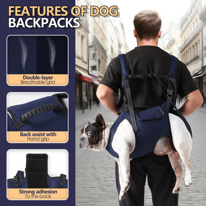 Man carrying a dog in a dog backpack carrier with breathable mesh, back support, and secure double-shoulder straps for hiking.