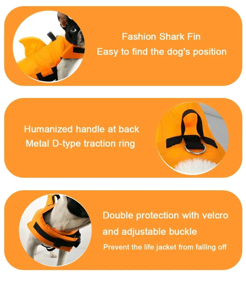 small dog shark fin life jacket with handle, buoyant safety vest for swimming, surfing, and beach outings