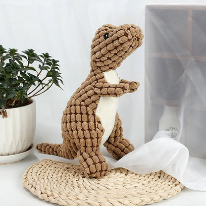 plush dinosaur dog chew toy for small dogs, interactive brown dinosaur plush pet toy with soft fleece texture