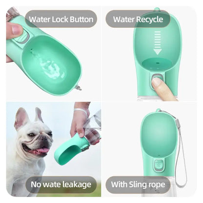 Leakproof dog water bottle with water lock button, recycle feature, and sling rope for outdoor pet travel