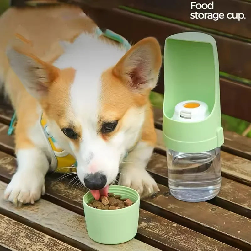 Corgi using portable pet water bottle with food container for outdoor drinking and feeding on a wooden bench