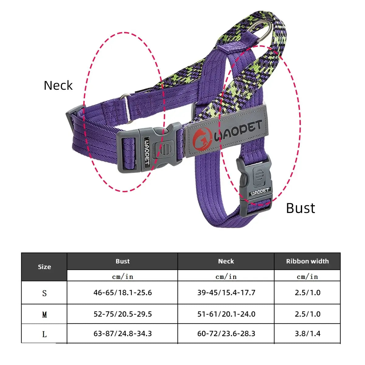Purple no pull dog harness with reflective buckle design for medium large dogs, adjustable neck and bust fit