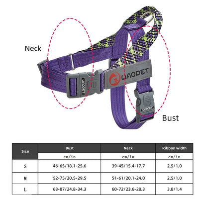 Purple no pull dog harness with reflective buckle design for medium large dogs, adjustable neck and bust fit