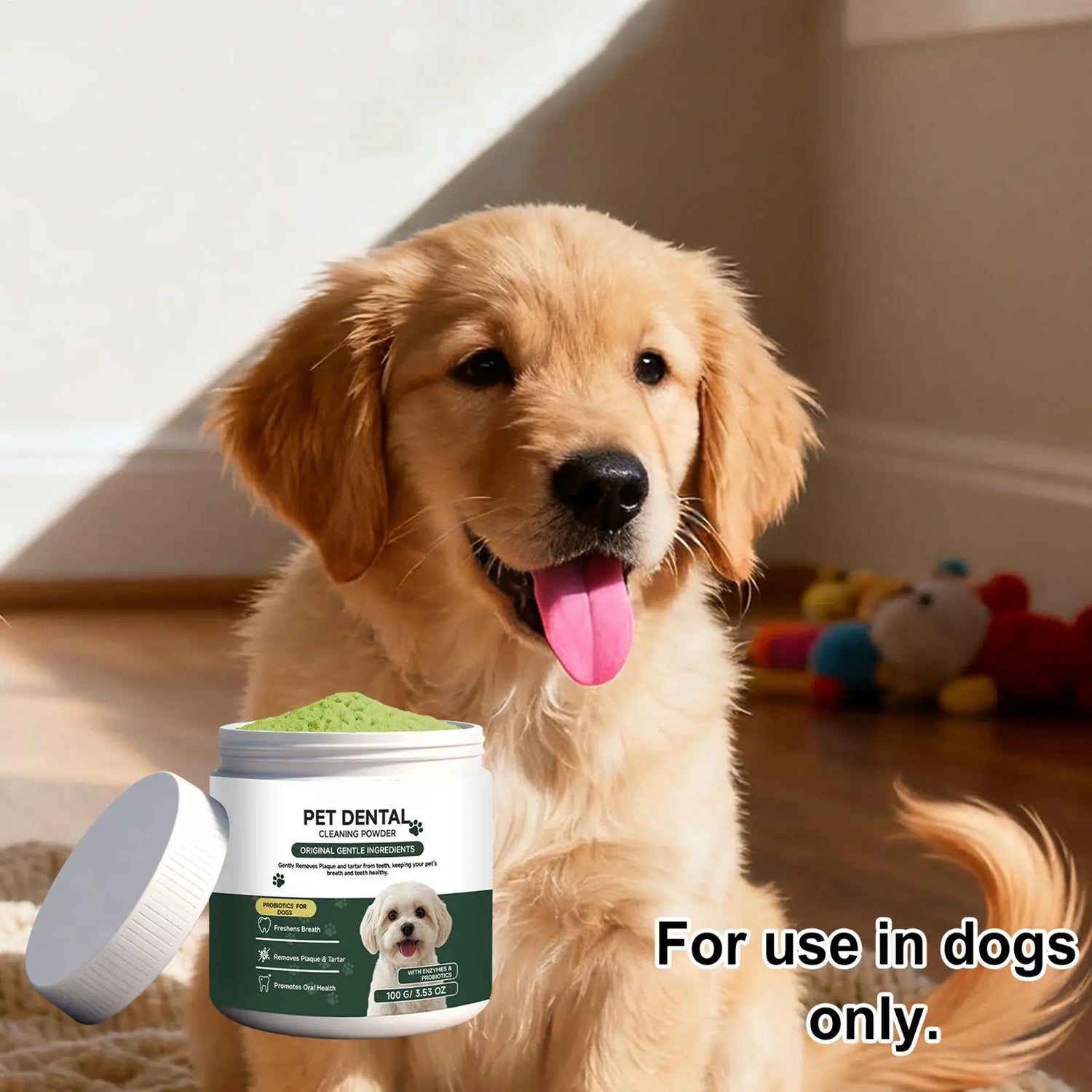Dog dental powder for home oral care, helping freshen breath and support cleaner teeth for dogs.
