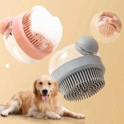 dog shower brush with shampoo dispenser for grooming long-haired dogs and cats, silicone pet bath brush