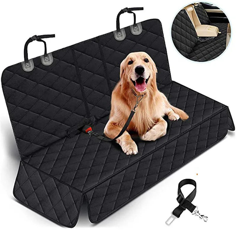 Car Dog Seat Cover for Back Seat Waterproof Auto Rear Pet Seat Protector Mat Nonslip Universal Safety Carrier For Outing Dogs with a smiling golden retriever.
