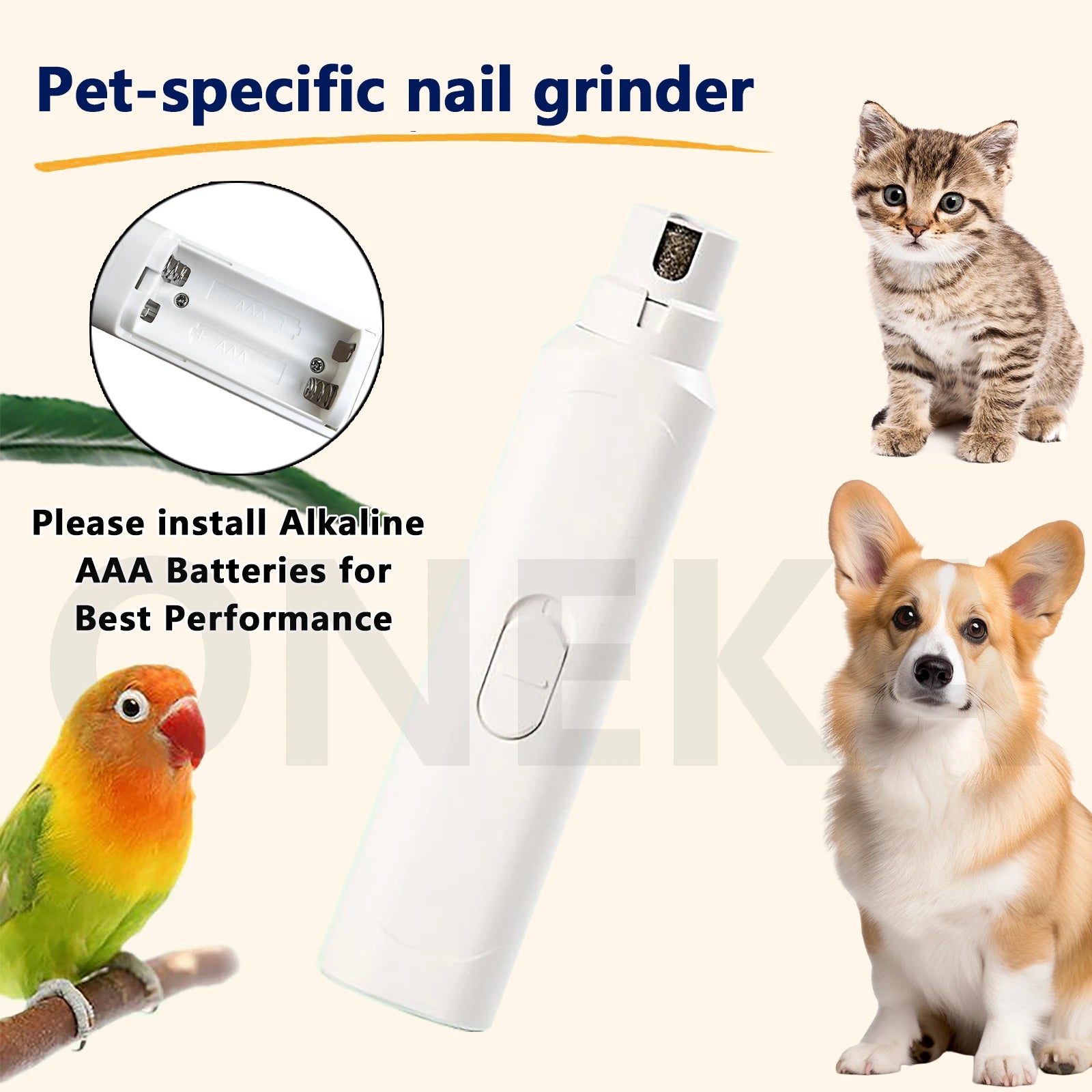 quiet pet nail grinder for dogs, cats and other animals, pet-specific nail grinder with AAA batteries