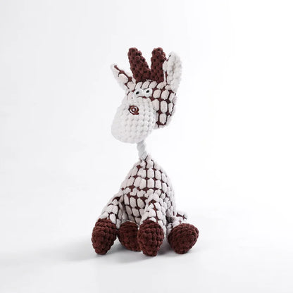 Plush giraffe dog toy with brown and white textured fabric on a white background