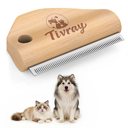 Wooden deshedding brush for dogs with stainless steel comb teeth for painless pet hair removal and grooming