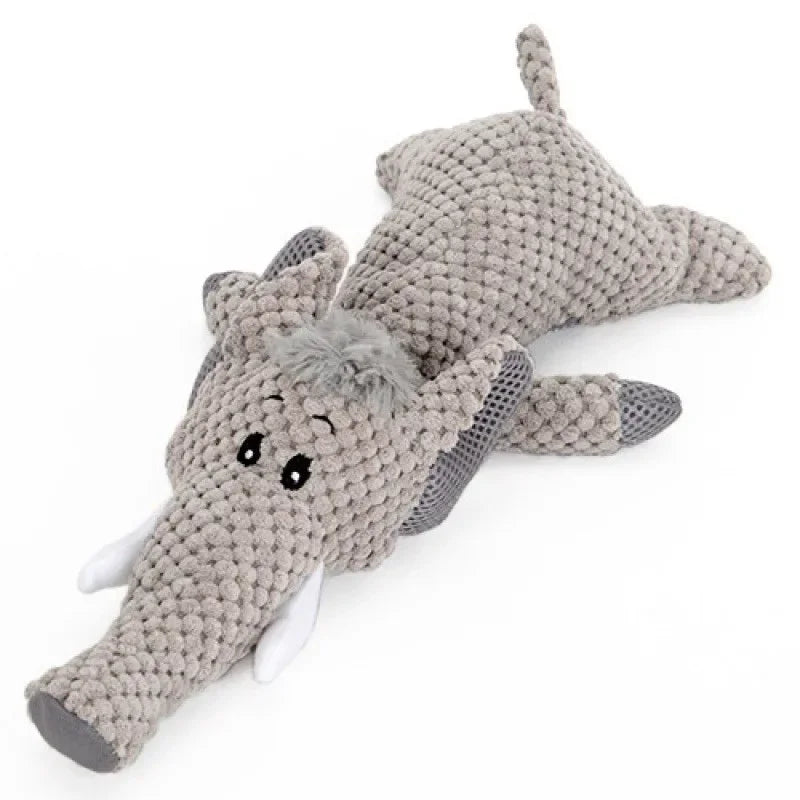 Plush elephant dog toy with textured grey fabric and floppy limbs, perfect for pets.