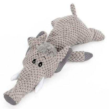 Plush elephant dog toy with textured grey fabric and floppy limbs, perfect for pets.