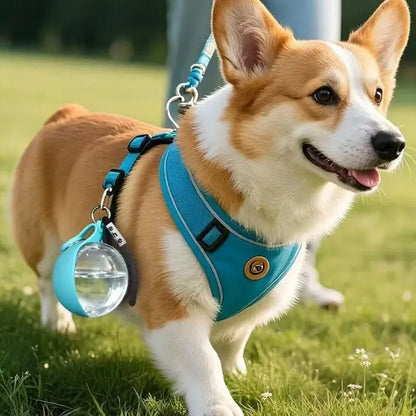 portable dog water bottle attached to a corgi wearing a blue harness outdoors on grass