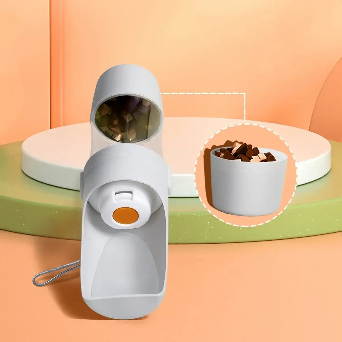 portable dog water bottle for outdoor walks, hiking, travel, with built-in pet food compartment