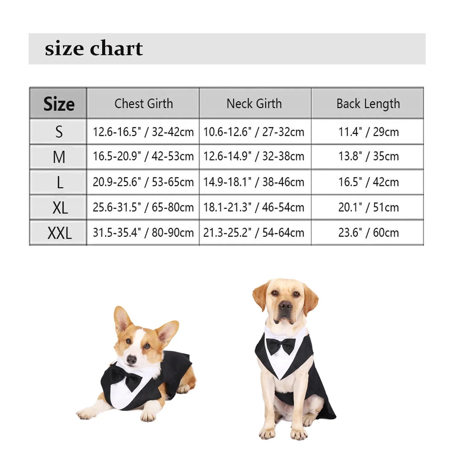 Size chart for Pet Dog Clothes Fashion Party Show Formal Suit Tie Bow Shirt Wedding Tuxedo Halloween Dress for Small Large Dog Clothes Supplies.