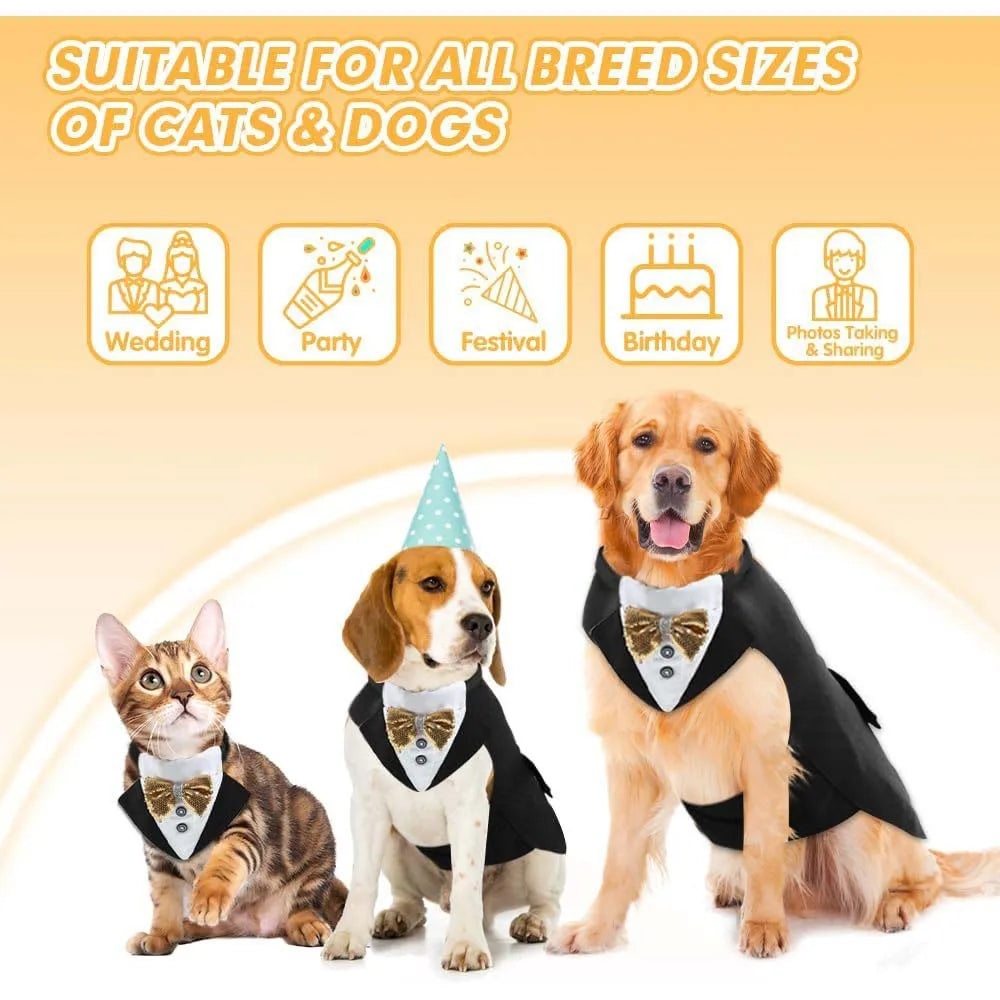 pet tuxedo outfit for dogs and cats, formal party costume with matching collar for weddings, birthdays, and festivals