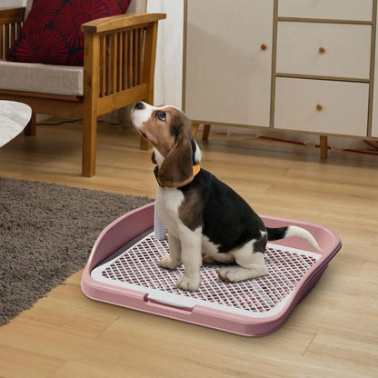 Beagle puppy sitting on indoor dog potty training tray in living room