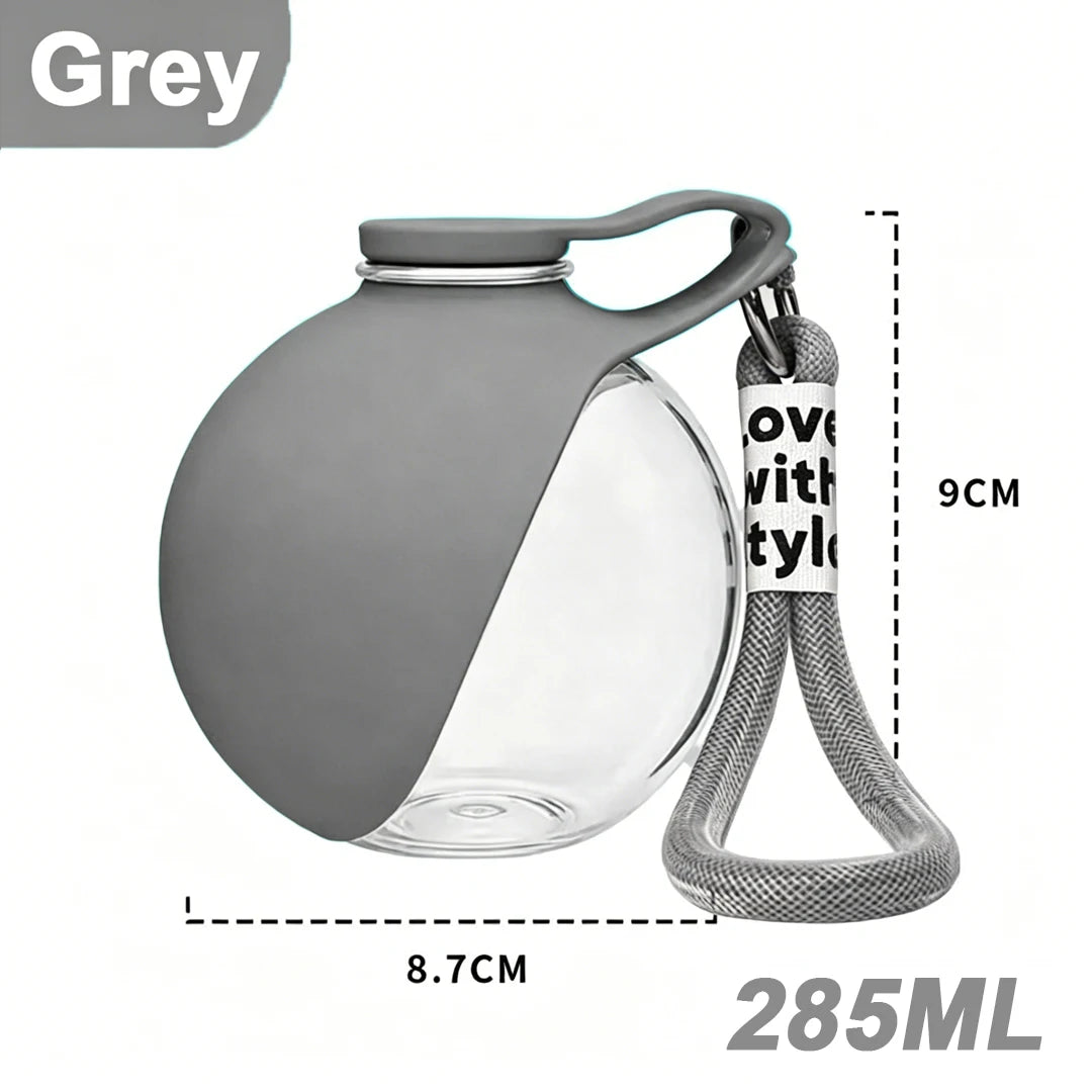 Grey portable dog water bottle with bowl, 285ml compact hydration cup for outdoor walking, hiking, and travel