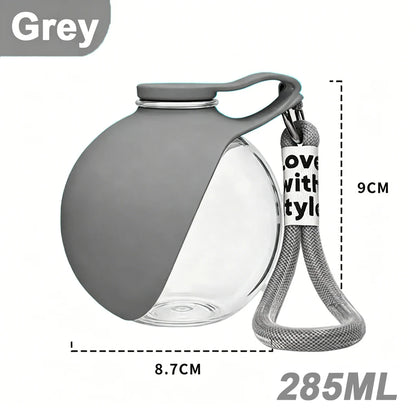 Grey portable dog water bottle with bowl, 285ml compact hydration cup for outdoor walking, hiking, and travel